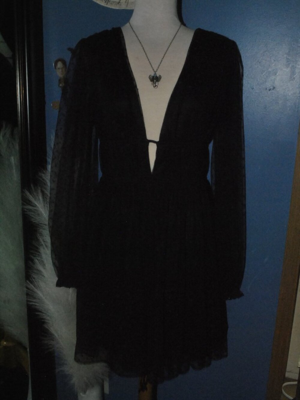 Lulus Black Swiss Dot Mesh Deep Plunge Open Back Long Sleeve Mini Dress M - Picture 3 of 9
